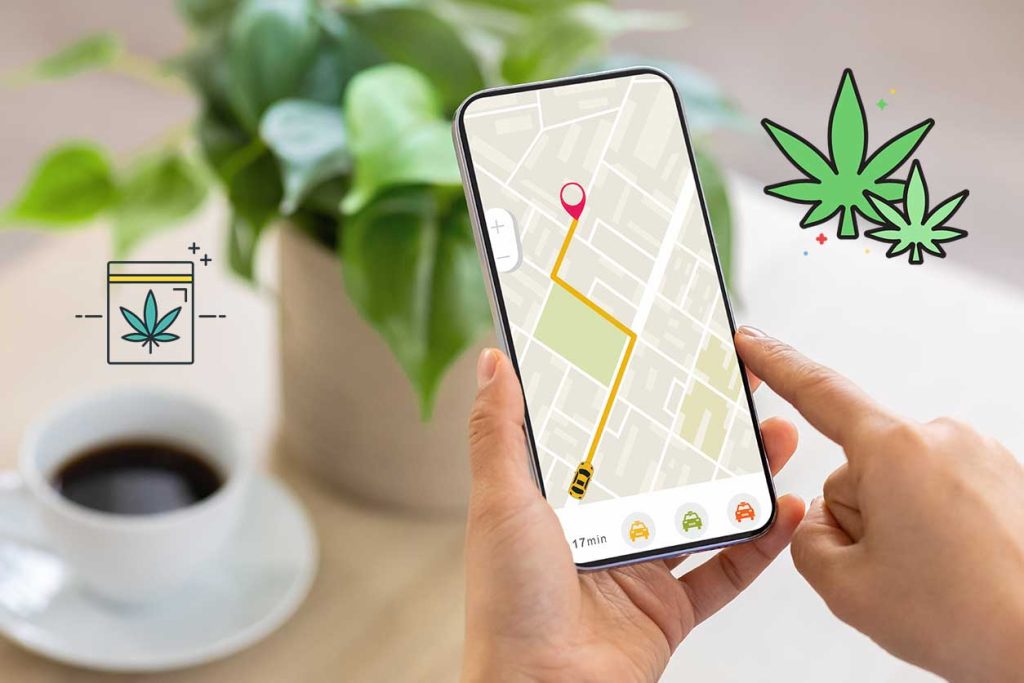 woman on mobile phone ordering weed delivery from dispensary near me in nj